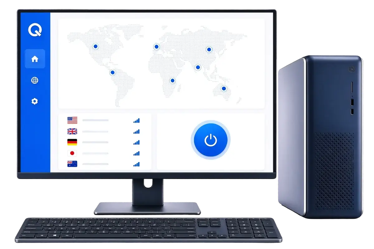 QUICKQ hero visual: a desktop setup running the QUICKQ client